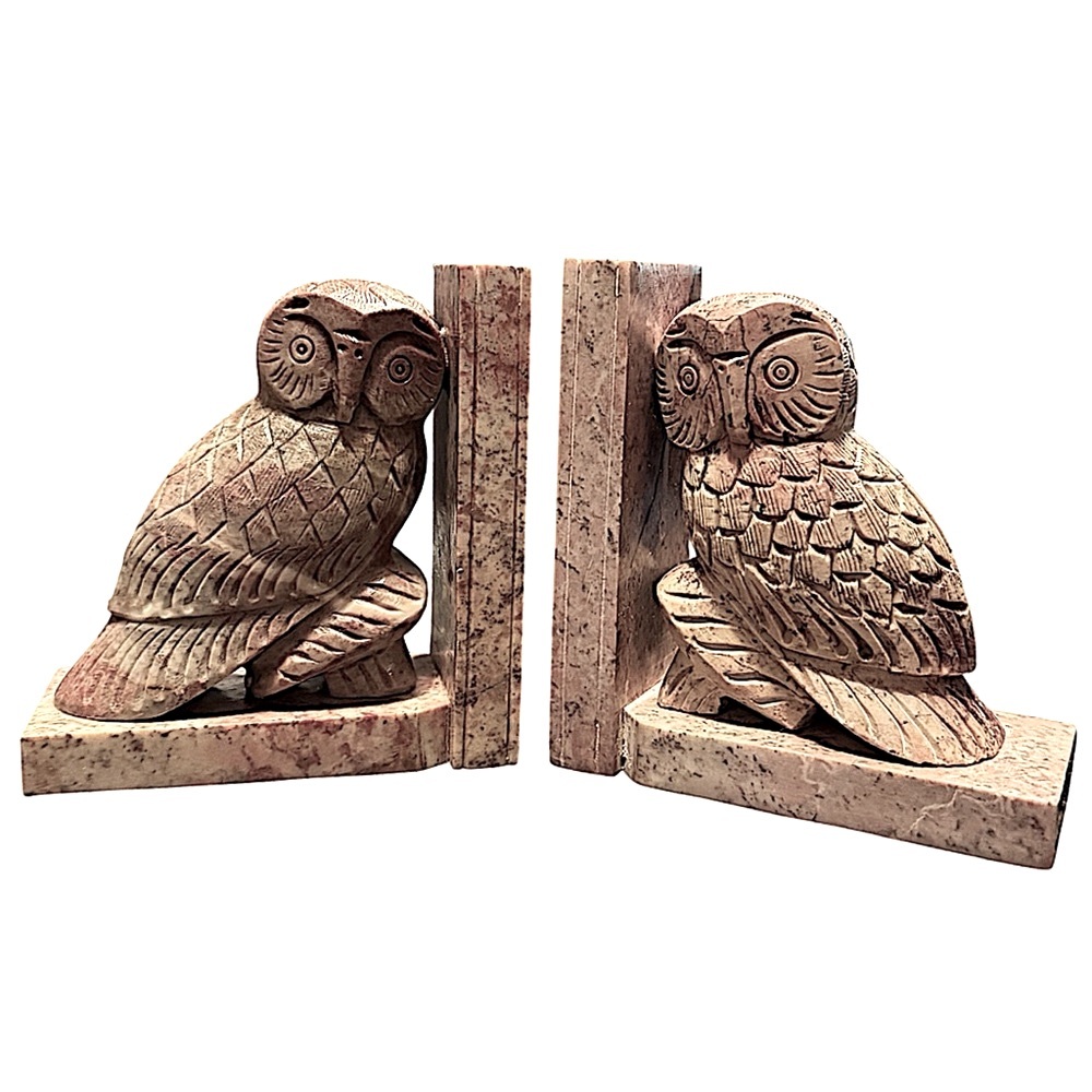 NEW RARE‼️Owl Hand Carved Marble Bookends, VTG Midcentury, Sculptured
